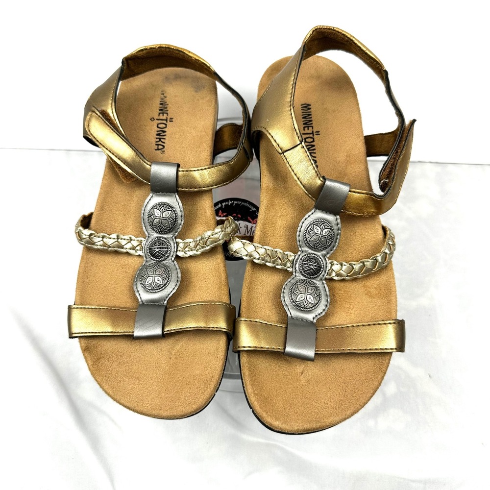 Minnetonka Lakeshore Metallic Medallion Boho T-Strap Sandals Women 9 Gold Silver